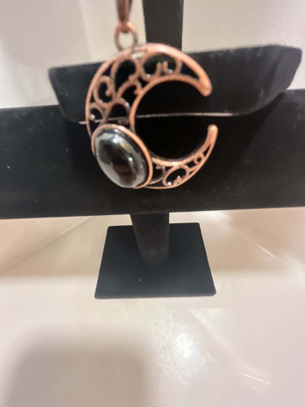 Vintage Hollow Crescent Moon Pendant with Black Stone on Black Cord